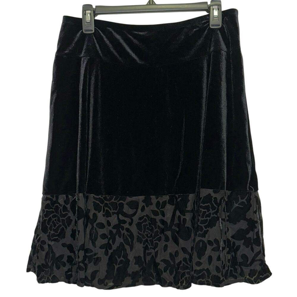 Apostrophe Black Velvet Burnout Floral‎ Midi Skirt Petite Medium Pull-On Stretch